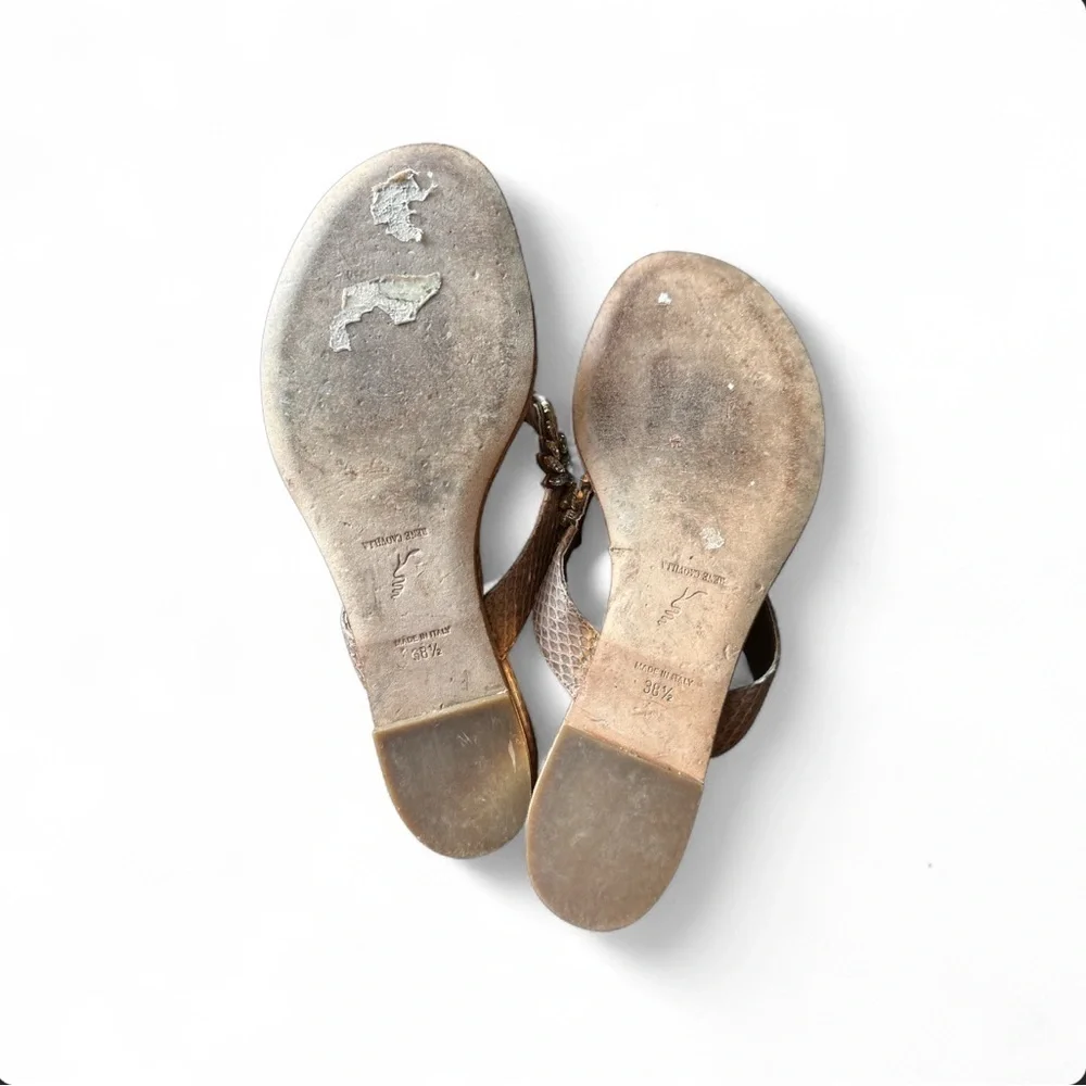 Rene Caovilla Crystal Leaf Sandals Metallic Gold Wedge Thong IT 38.5 US 8.5